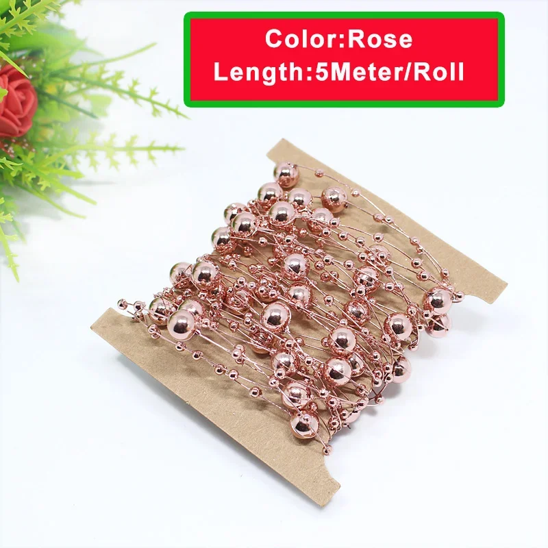 5M/Roll Christmas Tree Pearl String Imitation Pearl Beads Chain Metallic Gold Bead Wire Trim for DIY Garland Wedding Party Decor