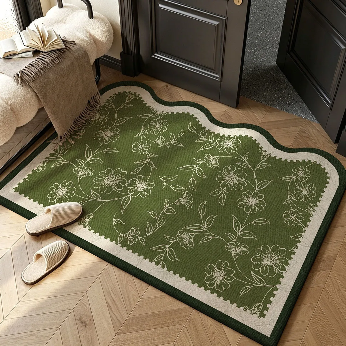 Entrance Doormat Stain-resistant Wear-resistant Floor Mat Green Floral Pattern Rug Home Decor Entry Mats Outdoor Garden Carpet