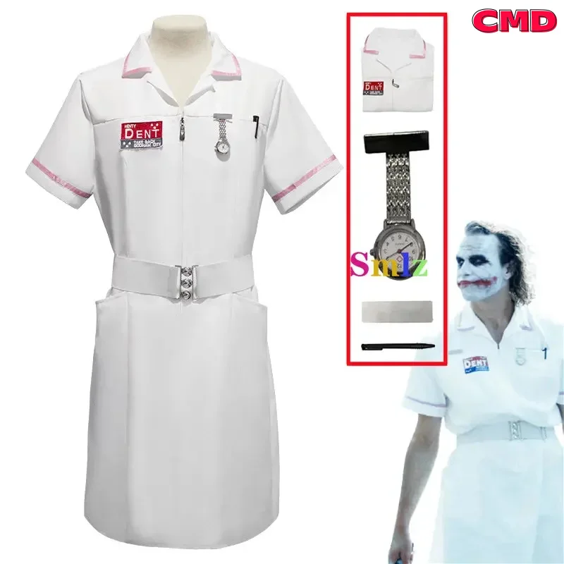 ジャッキ映画ナースコスチュームユニフォーム、コスプレ怖いバット、ジョーカードレス、懐中時計、ペン、ハロウィーンのコスセット