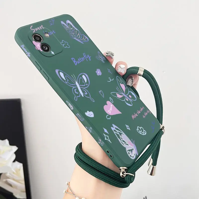 A 03 Purple Butterfly Lanyard Silicone Phone Case For Samsung A03 A04 A05 A21S A23 A24 A04E A15 A13 A03S A02 A05S A04S A22 Cover