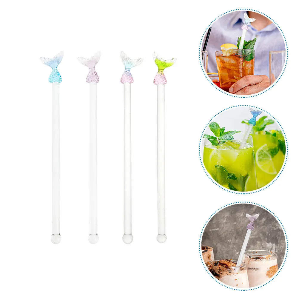 

4Pcs Glass Stir Sticks Premium Mermaid Design Cocktail Mixing Rods for Coffee Wine Juice Drink Decoration Home Bar Hotel Use