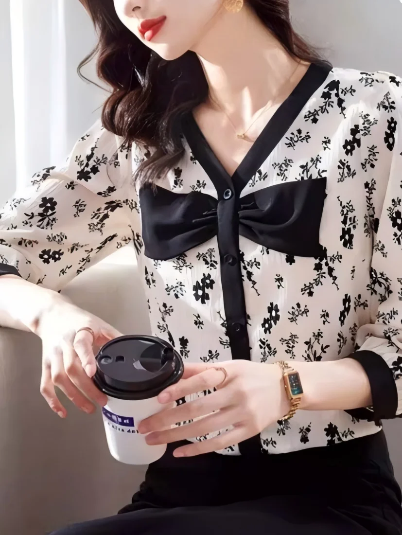 

Women's New Fashion Age-Reducing Blouse: Stylish V-Neck Bowknot Floral Shirt blouses for women elegant classy