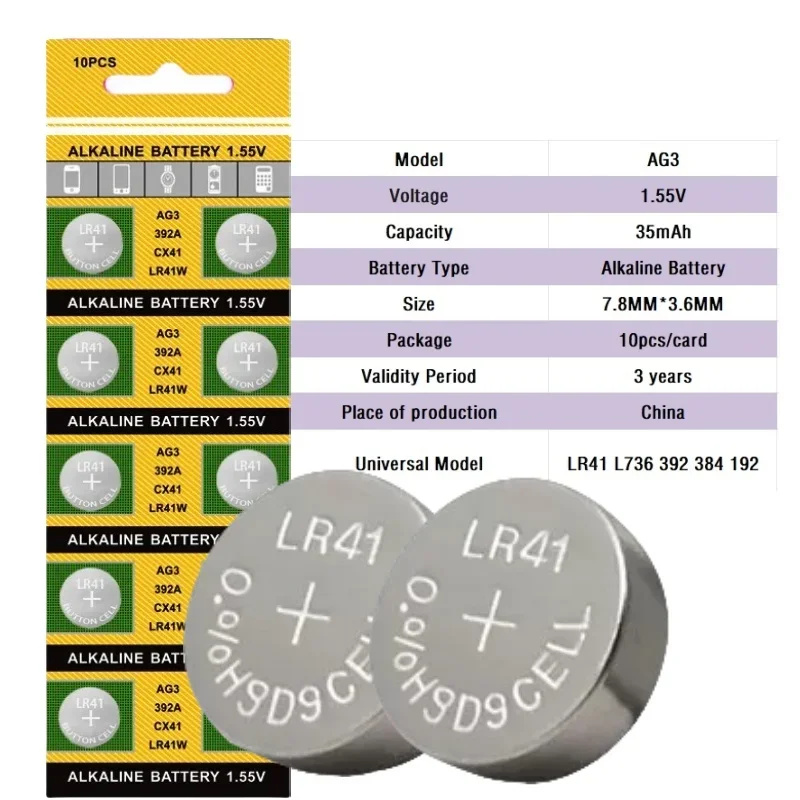4-100PCS AG3 LR41 Button Cell Batteries SR41 392 192 Cell Coin 1.55V Alkaline Battery L736 384 SR41SW CX41 For Watch Toys Clock