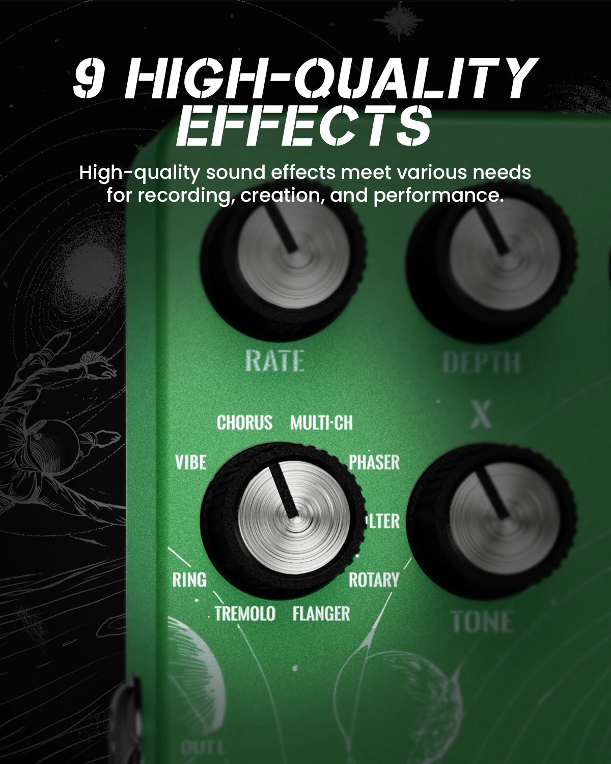 ALABS NOVADRIFT Modulation Pedal with 9 Stereo Mod, Vibe Chorus Phaser Rotary Filter Flanger Tremolo Ring, Tap Tempo