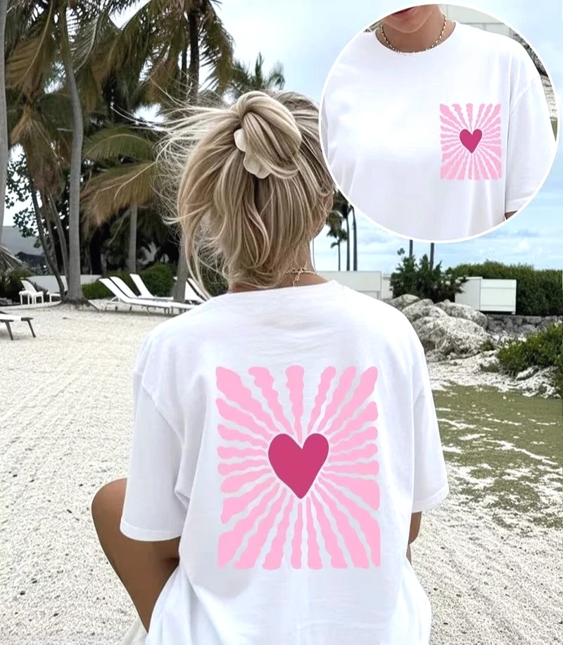 Fresh Style Lady's Tops with Heart and Ray Print and Casual Women'S Top for Spring Summer Round Neck Sale Aesthetic Clothes
