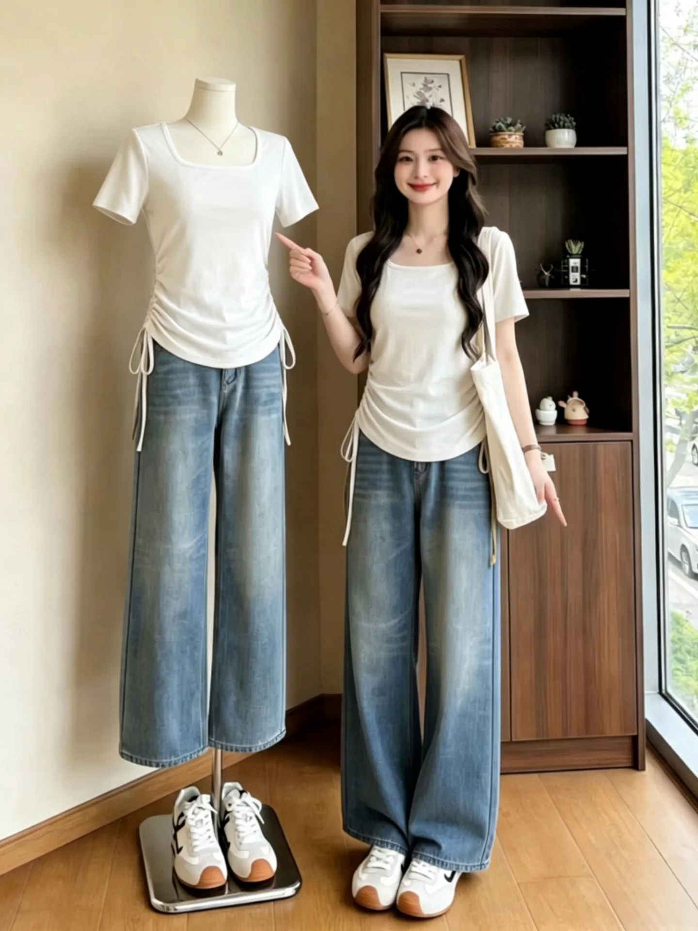 

Summer New Women's Cotton Blend Short Sleeve T-Shirt Drawstring Square Collar Slimming Waist Design Comfortable Breathable