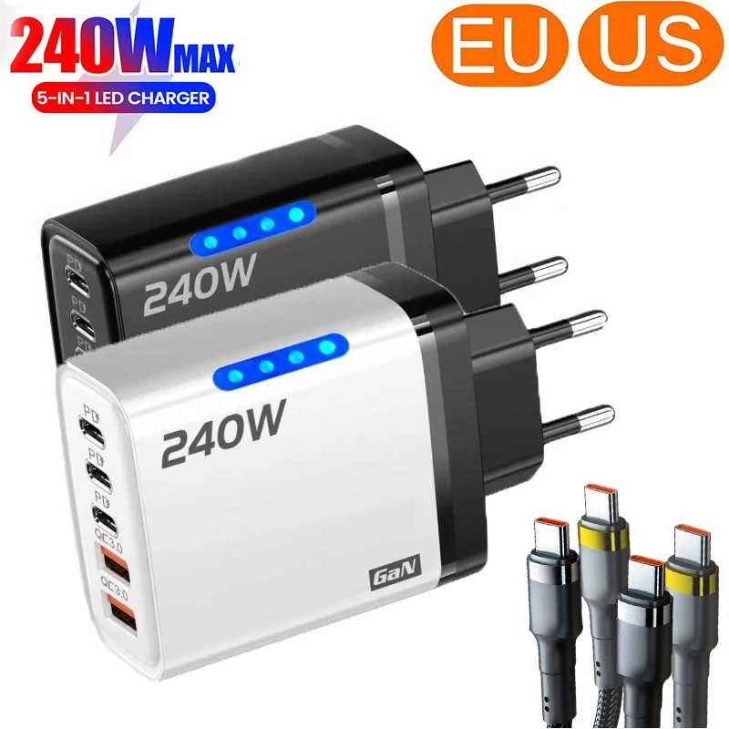 Carregador de mesa GaN 240W 5 em 1, carregador USB tipo C 120W, cabo tipo C para carregamento rápido, carregador de parede para iPhone Xiaomi