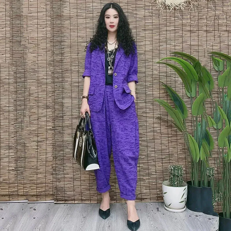 Single-Breasted Blazer/Suit Women 2022 Spring Vintage Loose Small Suit Harem Pants Two-Piece Set Plus Size Elastic Pants Female