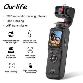 Ourlife 4K Action Camera 330° Face Tracking Gimbal Stabilizer 1.72 Inch Touch Screen 64MP