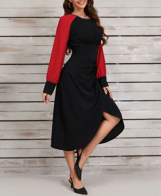 

Elegant Autumn Women's Long Sleeved Dresses Retro O-Neck Long Dresses Spliced High Waisted Slit Women's Daily Casual Long Dress