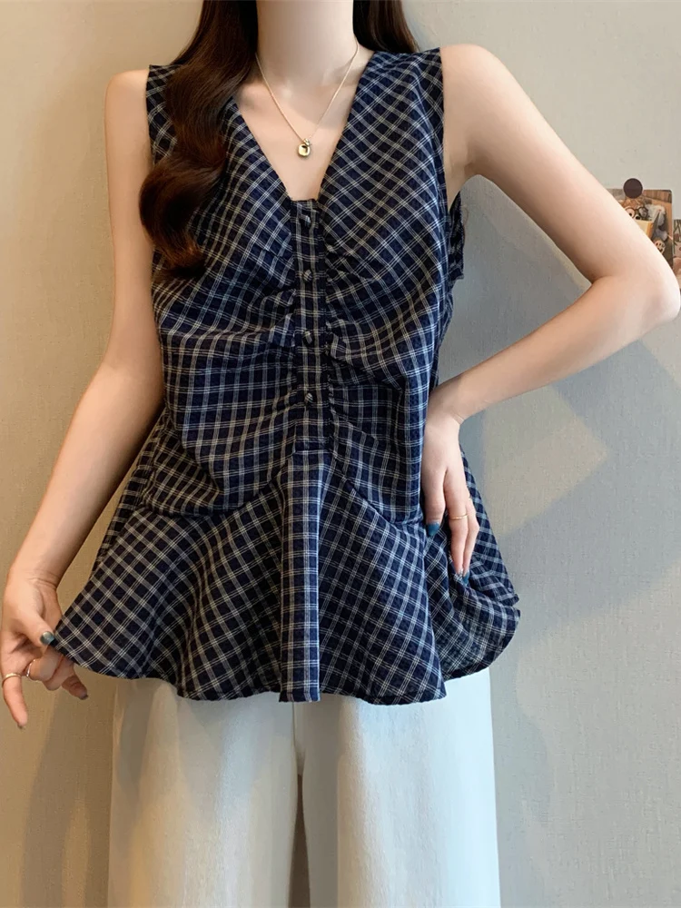 Slimming Checkered V-Neck Sleeveless Vest Shirt Women's Outerwear Summer plus Size Flared Hem Top Commute Style Casual Wear