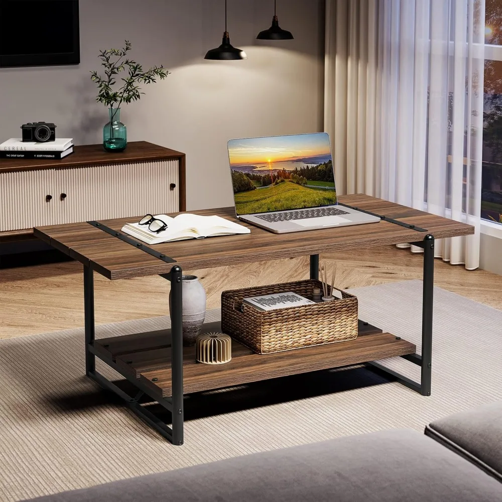 Modern Industrial Style Coffee Table, Rustic Metal Rectangular Center Living Room Coffee Table, Decor for Home Office