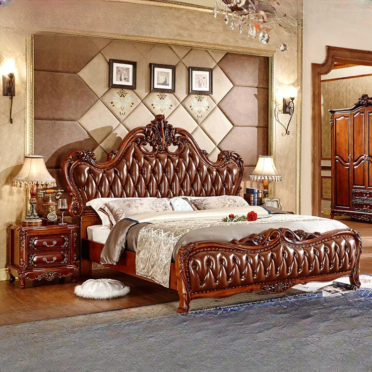 

All solid wood European bed 1.8 meters double solid wood leather oak luxury wedding bed master bedroom