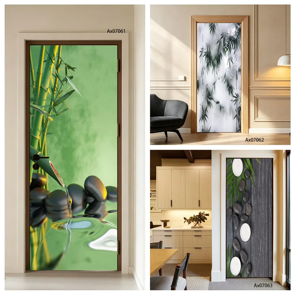 Zen Door Sticker Chinese Ink Bamboo Print Self-adhesive Removable Door Decal Spa Stacked Stone Wallpaper Indoor Entryway Decor