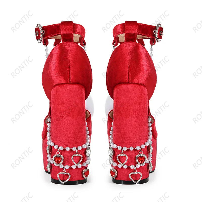 Rontic Women Velvet Platform Block Heel Sandals Peep Toe Pearl Heart Chain Ankle Strap Ladies Party Lolita Shoes Size 5-20 view 6
