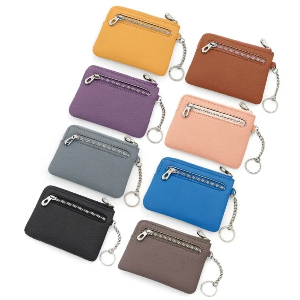 

Fashion PU Leather Women's Short Wallet Solid Color Keychain Mini Coin Purse Zipper Soft Card Cash Holder Solid Color Keychain