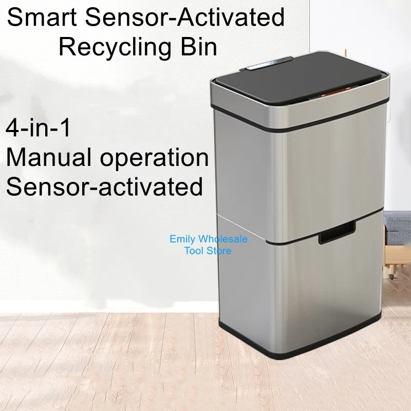 

Smart Infrared Sensor Large-Capacity Trash Can, Stainless Steel, Wet/Dry Separation, Home Kitchen Use, with Lid and Wheels