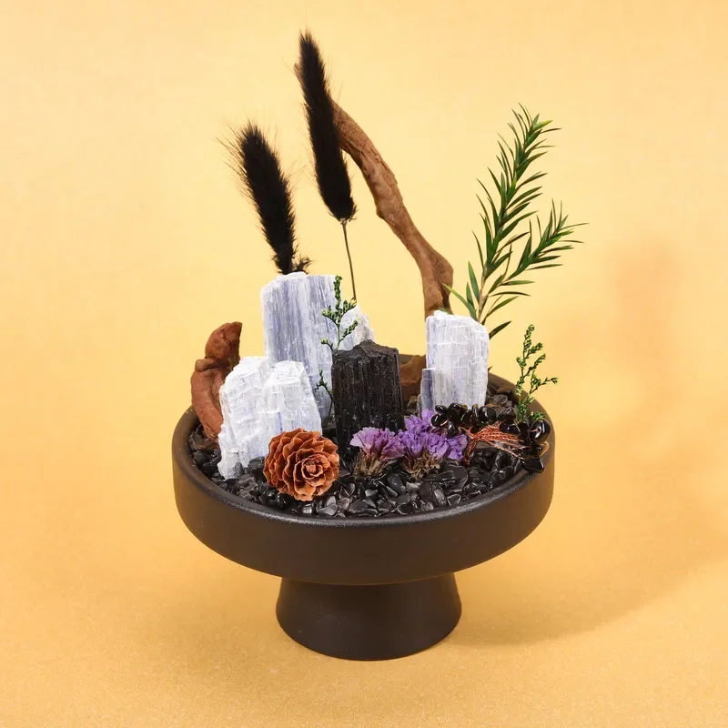 Natural crystal bonsai black tourmaline with kyanite home office desktop creative ornament Qixi Festival