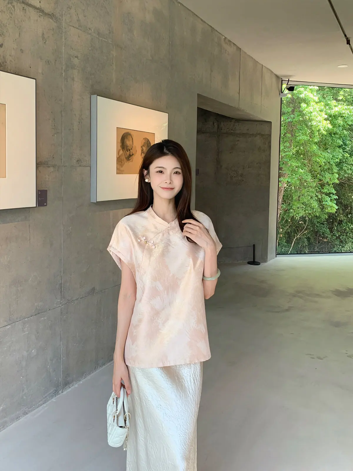 

YUYUWANG Pink Silk Open Shoulder Buttoned Vest Women's Summer Lightweight Luxury Feel Breathable Chinese Style Shirt