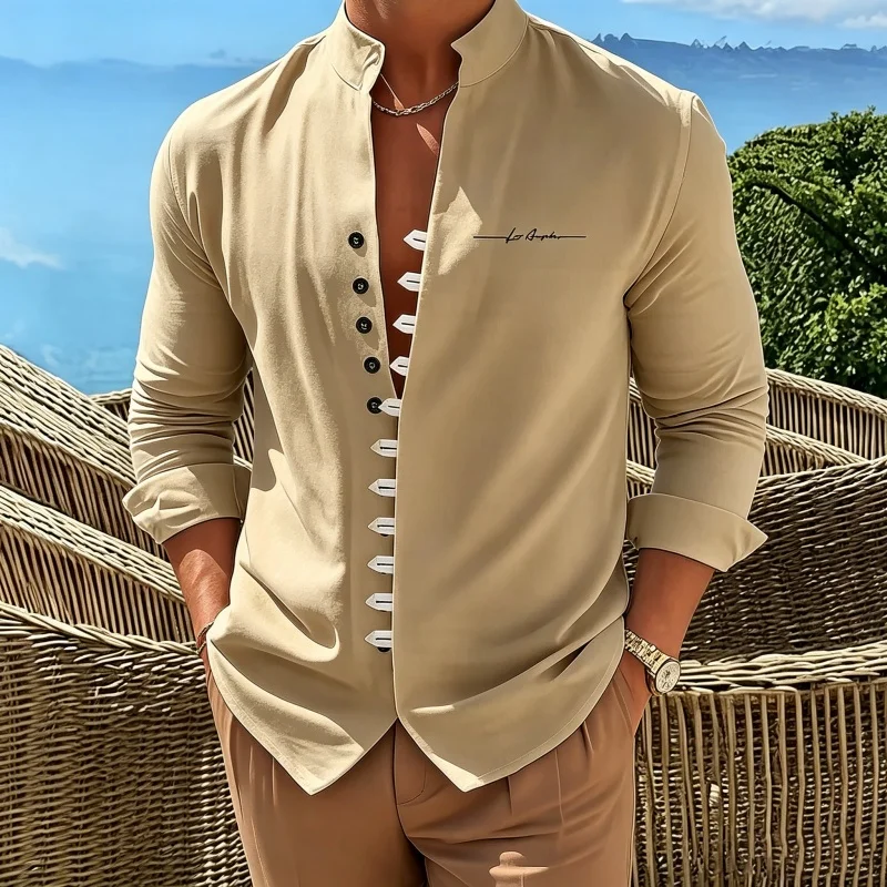 2027 New men's Standing Collar Long Sleeved Shirt  Solid Color Shirt  Personalized Printed Shirt  Casual Slim Fit men's Top