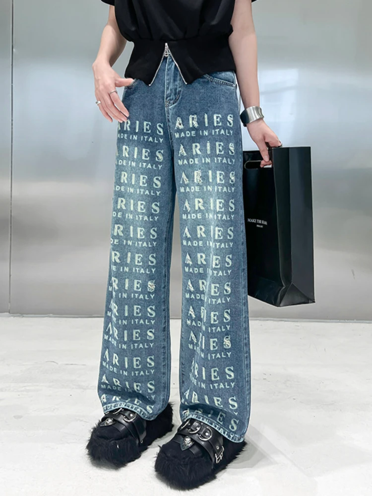 2024 American High Waisted Ripped Jeans Women\'s Spring Summer New Washed Loose Slimming Straight Leg Wide Leg Pants Tide