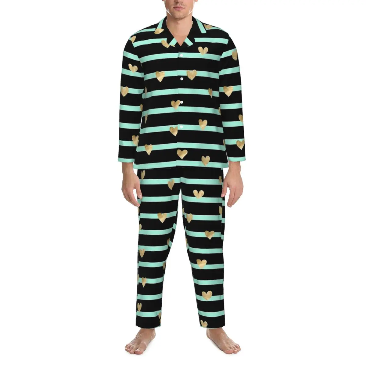 Gold Hearts And Stripes Print Sleepwear Spring Retro Oversized Pajama Set Men Long Sleeve Soft Home Graphic Nightwear