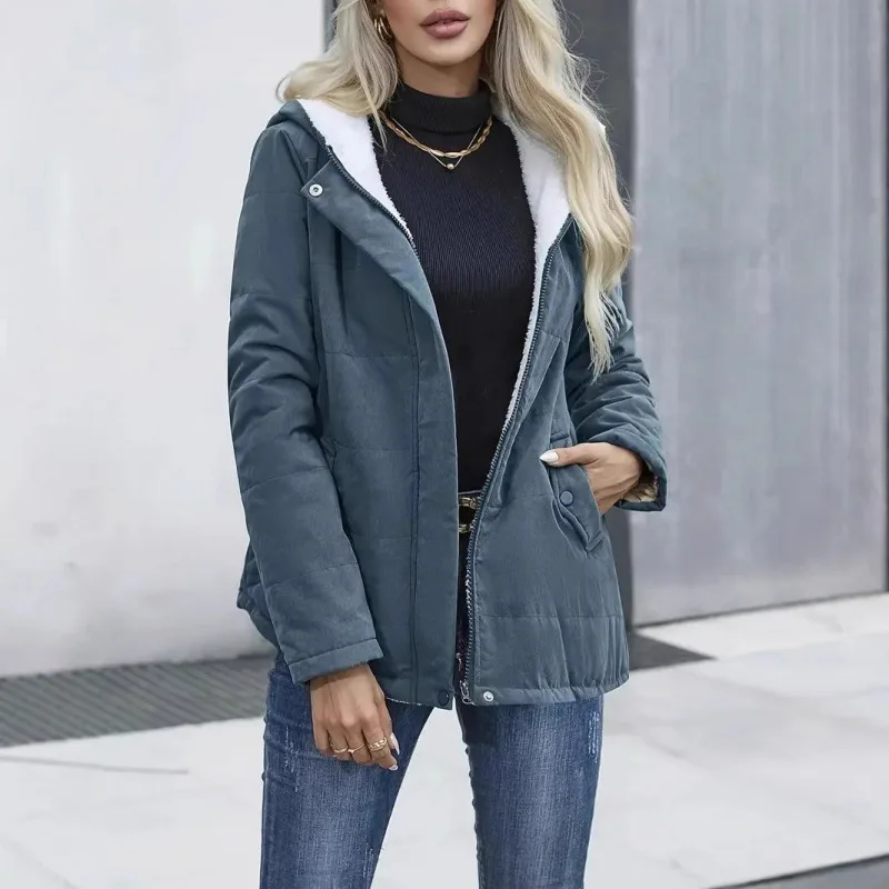 

Women Hooded Parkas Coats Fleece Lined Jacket Solid Long Sleevs Zipper Fly Loose Fit Casual Office Lady 2025 Autumn Winter