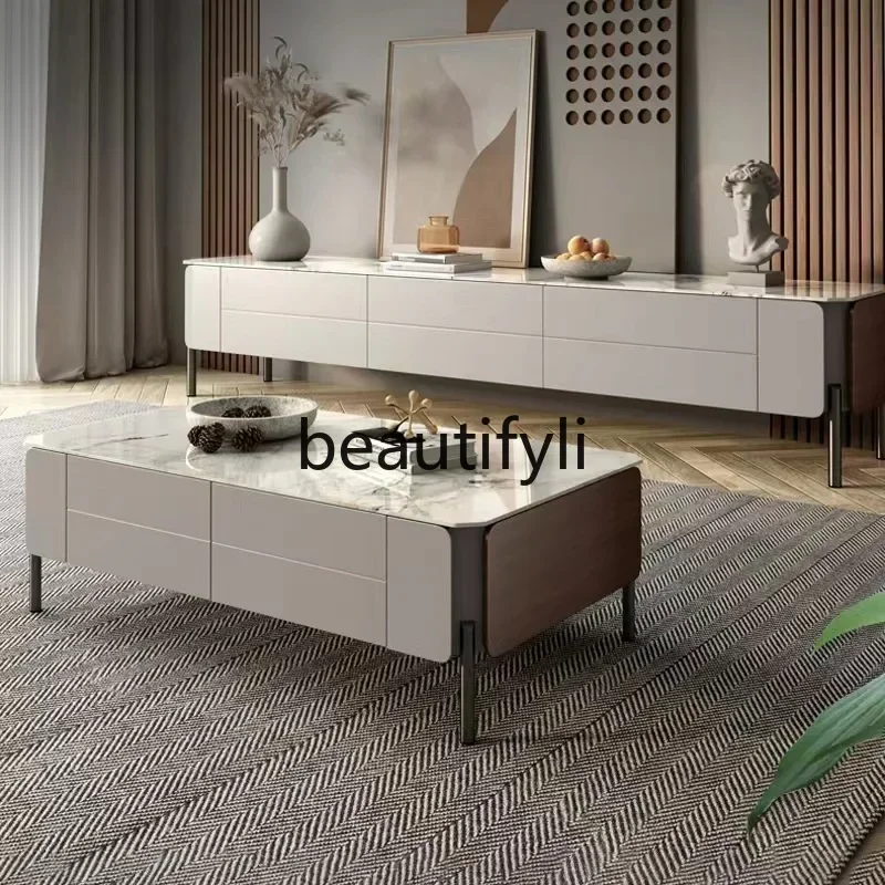 2003 Italian Minimalist Living Room Glossy Rock Slab Coffee Table TV Cabinet Combination Drawer Storage Cabinet