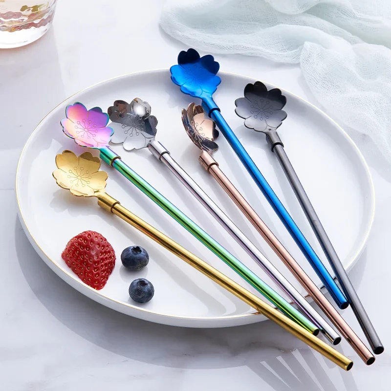 Cherry Blossom Straw Spoon Set 304 Stainless Steel Reusable Drink Stirrer with Cleaning Brush Home Kitchen Party Bar Accessories