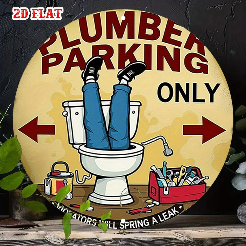 CIFBUY Modern Funny Plumber Parking Round Aluminum Wall Art Waterproof Durable Metal Tin Sign for Home Garage Cafe Restaurant De