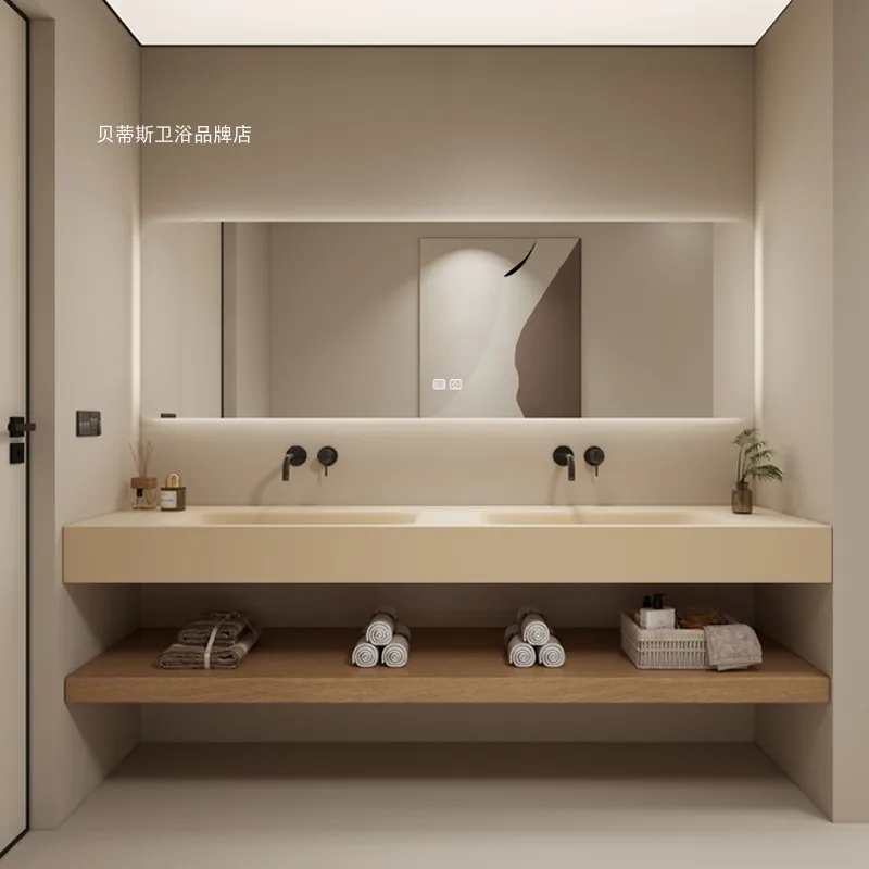 

Cream wind double-layer washbasin rock slab hot bending seamless integrated basin toilet bathroom washbasin cabinet combination