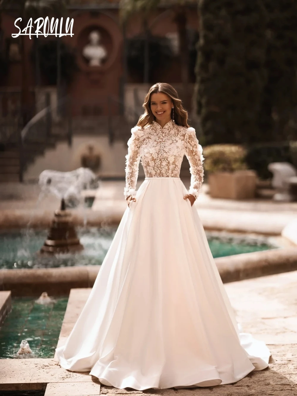 

Vintage High Neck Wedding Dress Dreamy Long Puff Sleeves Floral Bridal Gown Classy A Line Customized Women Special Day Wear