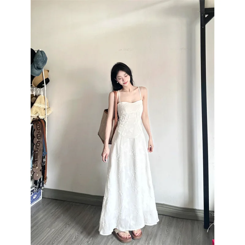 2025 novo jacquard renda retalhos dupla camada maxi vestido para festa à noite sexy cintas de espaguete até o chão robe estilo francês