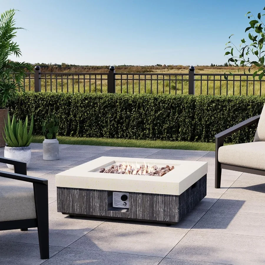 

35 Square Outdoor Propane Fire Pit Table with Concrete and Wood Grain Design for Patio Backyard Garden Heating 50000BTU CSA Cer