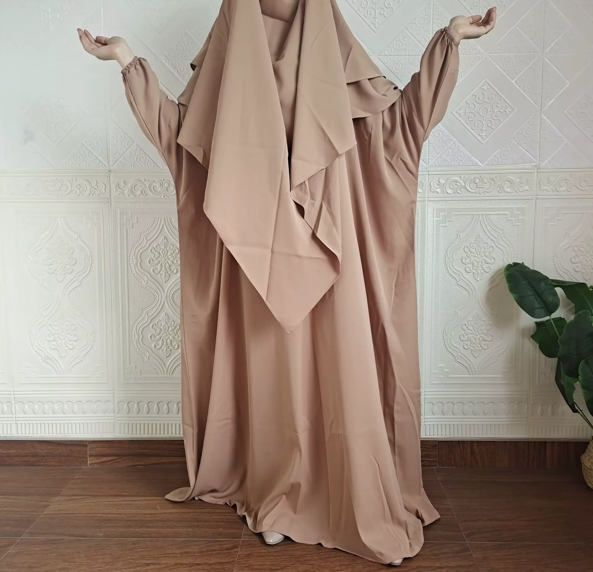 Khimar-2-Layer Abaya Набор для мусульманских женщин, с длинным рукавом Jilbab, Молитвенное хиджаб платье, мусульманская одежда, Нида, высокое