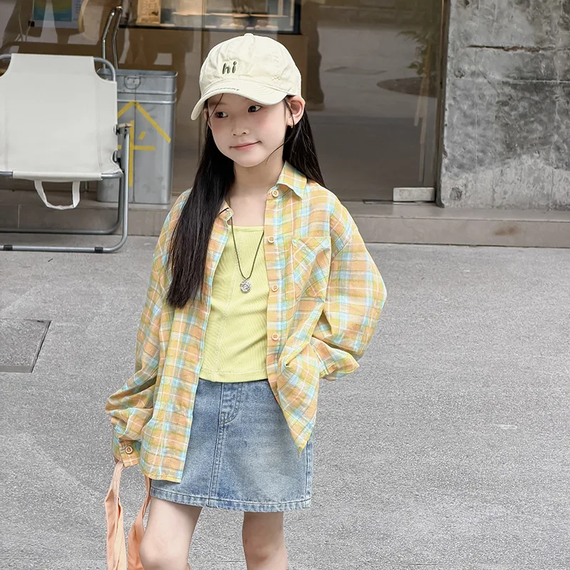 Girls Summer Plaid Lightweight Cotton Comfortable Sunscreen Shirt Jacket Trendy 2026 Summer New Versatile Long Sleeve Shirt