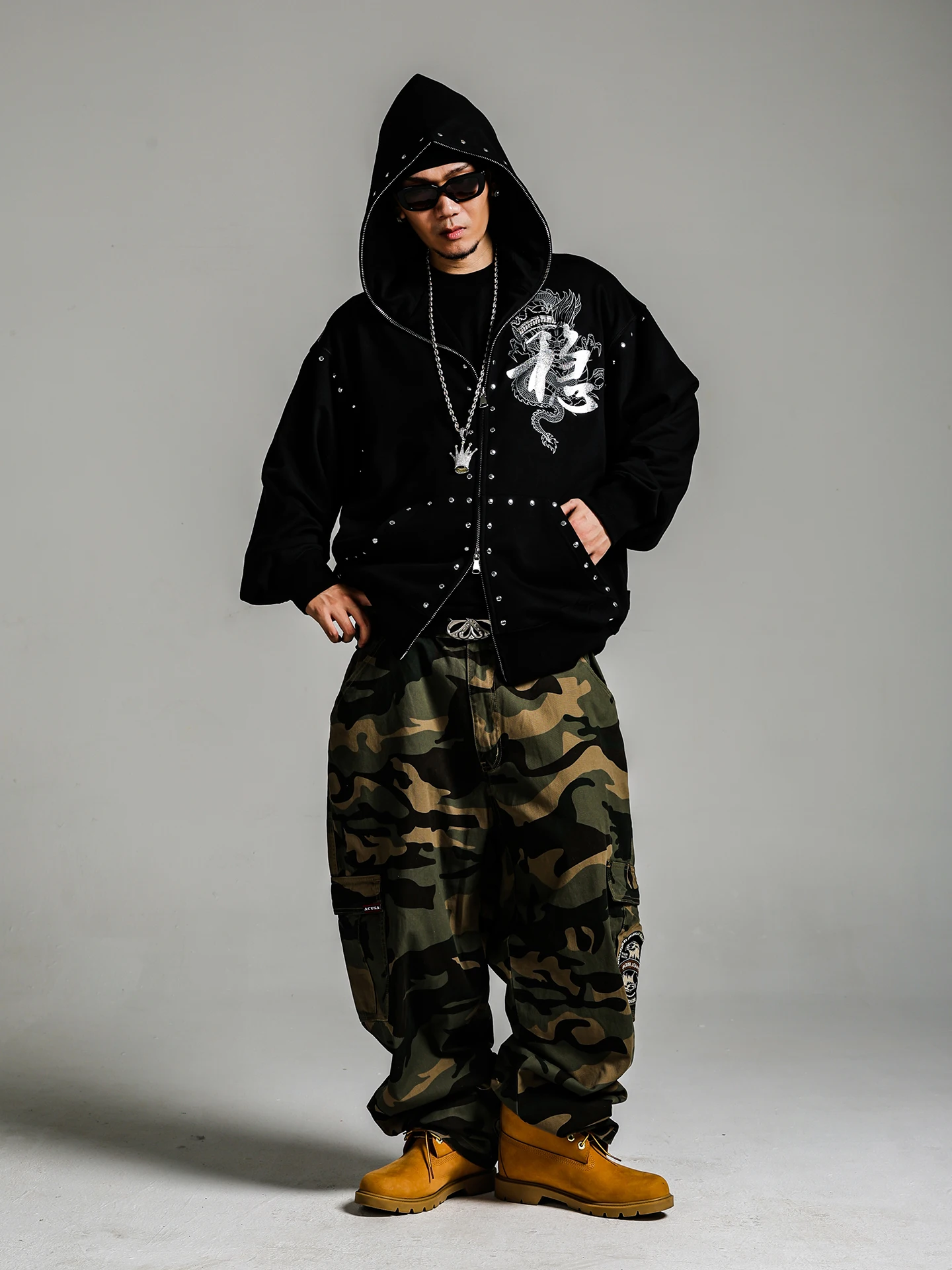 ACUSA Double Zipper Rivet Multi-Process Hooded Loose Jacket Sweatshirt American Style Open Cardigan Millennium Streetwear