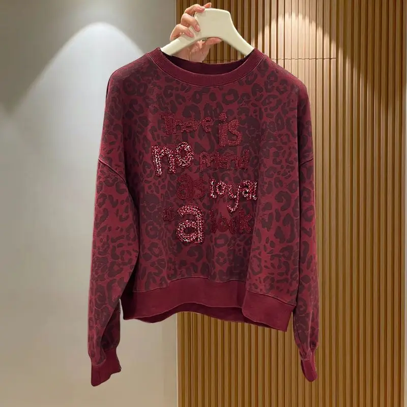 Korean Fashion Autumn Winter Women O-Neck Leopard Diamonds Simplicity Office Lady Long Sleeve Pullovers Loose Sweatshirts Tops