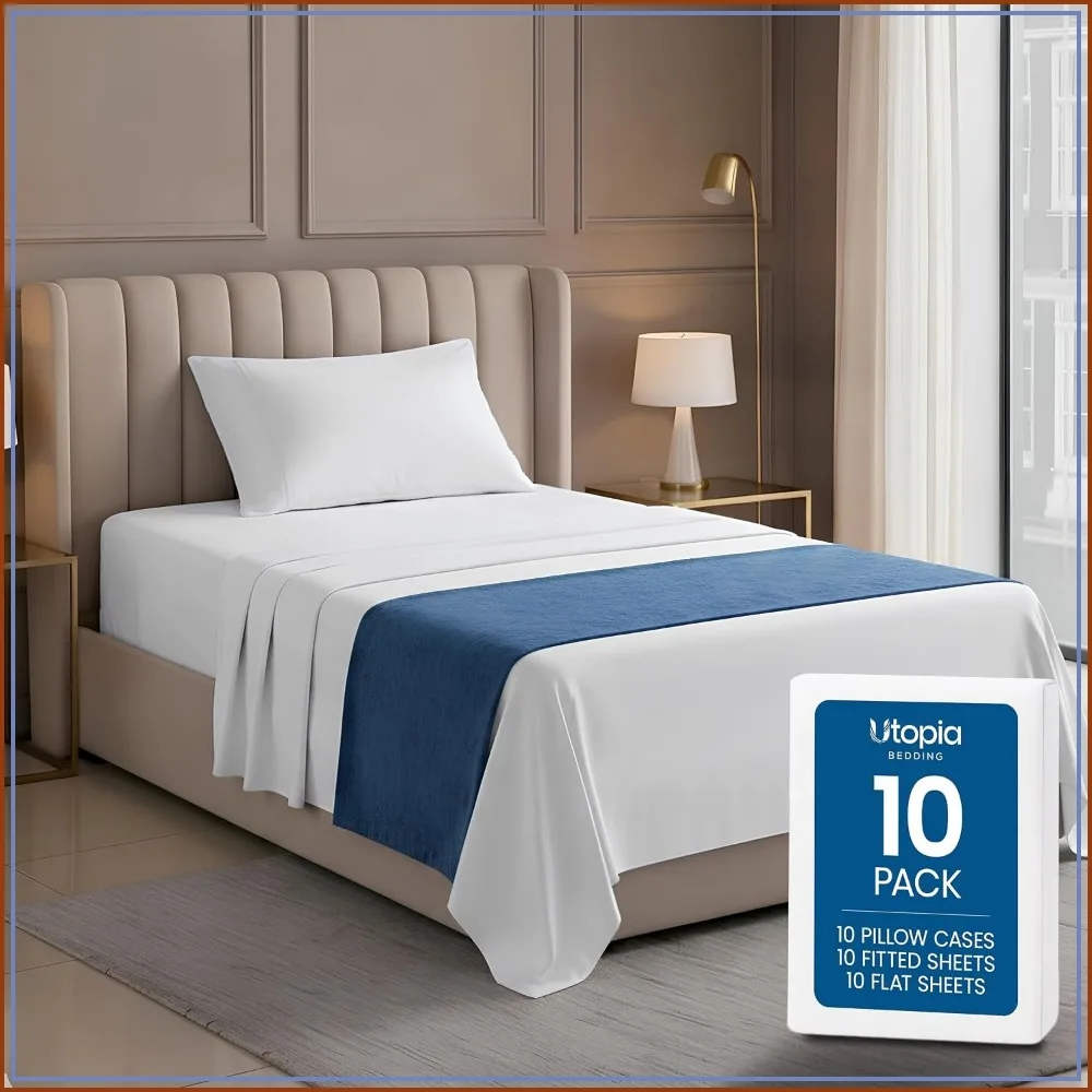 10 Pack Twin Size 3 Piece Bed Sheet Set White for Hotel Motel Resort
