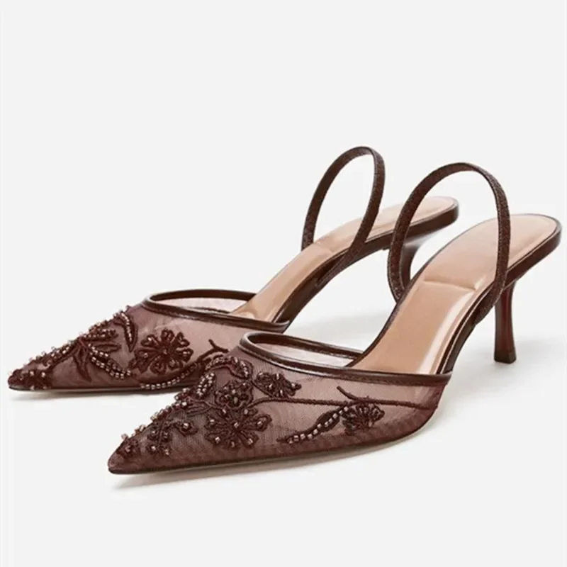 

Elegant String Bead Mesh Embroider Flower Heels for Women Sexy Pointed Toe Backless Heeled Sandals Luxury Wedding Bridal Shoes