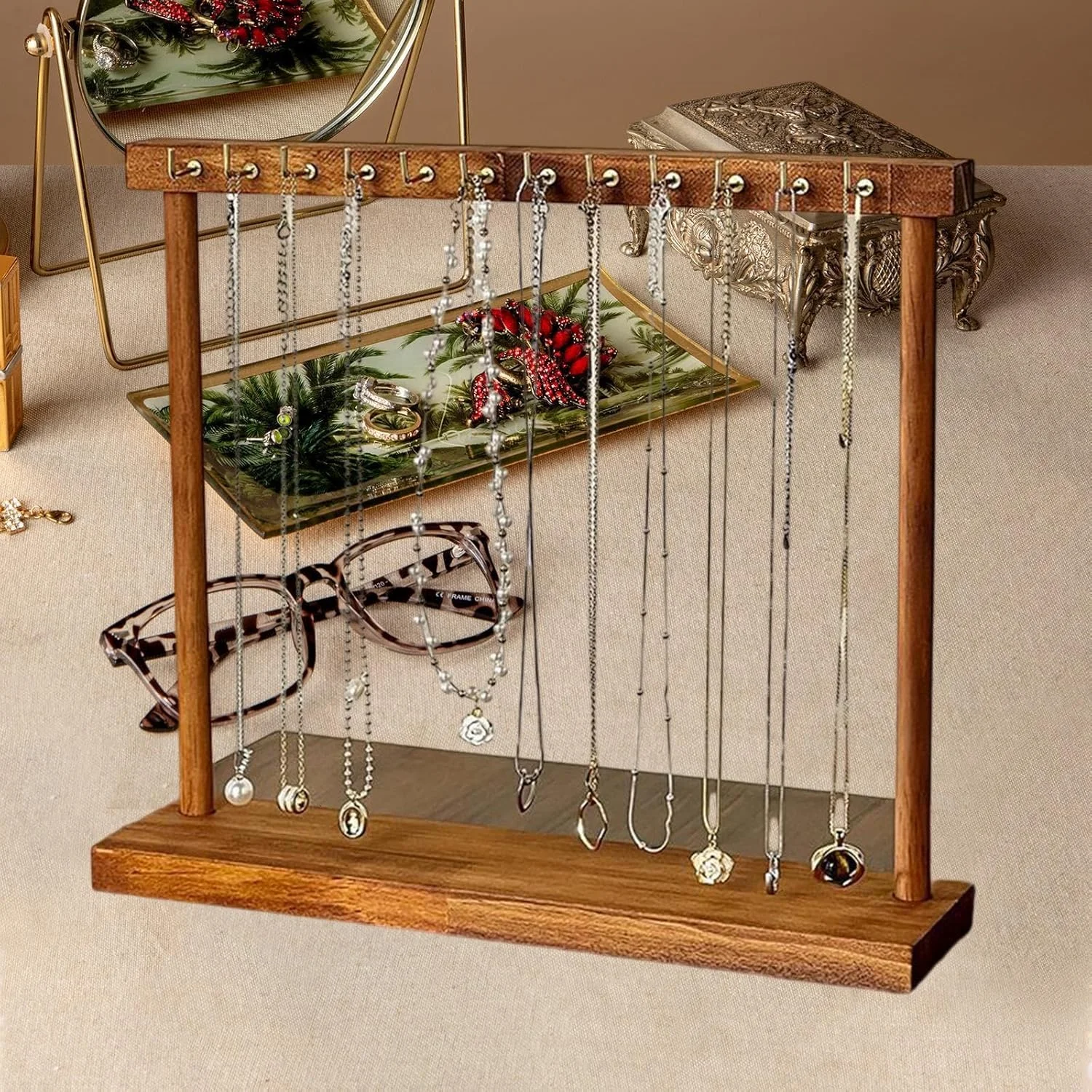 Jewelry Organizer Display Stand Solid Wood Necklace Hanging Countertop Rack For Chains Earrings Bracelets Showcase Storage Rack