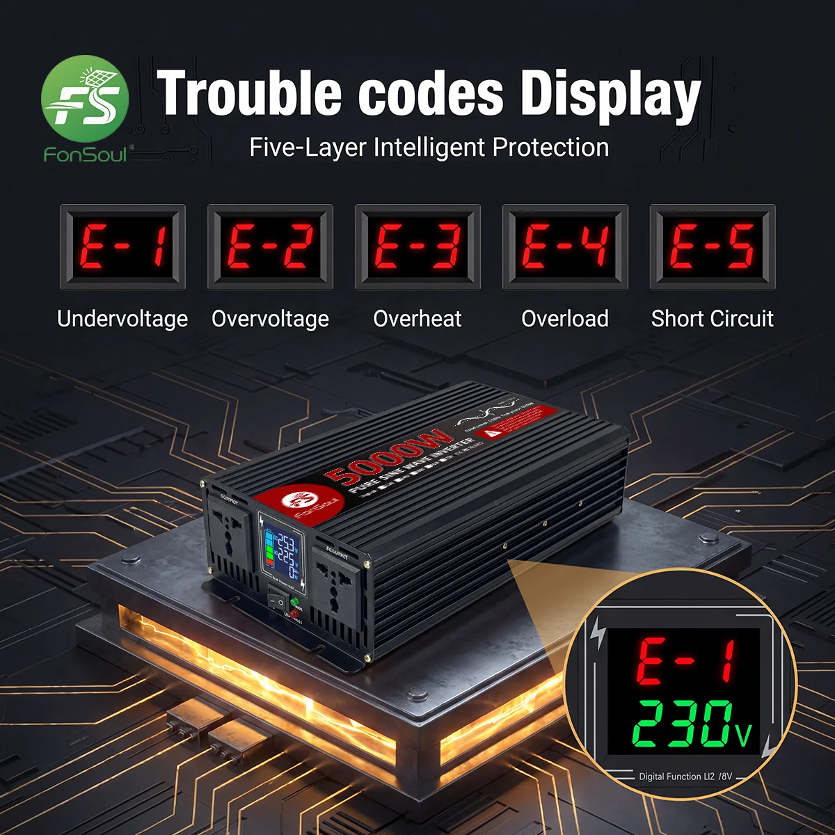 FonSoul 5000W DC To AC Power Inverter 12V 220V Vehicle Household Pure Sine Wave Voltage Regulator