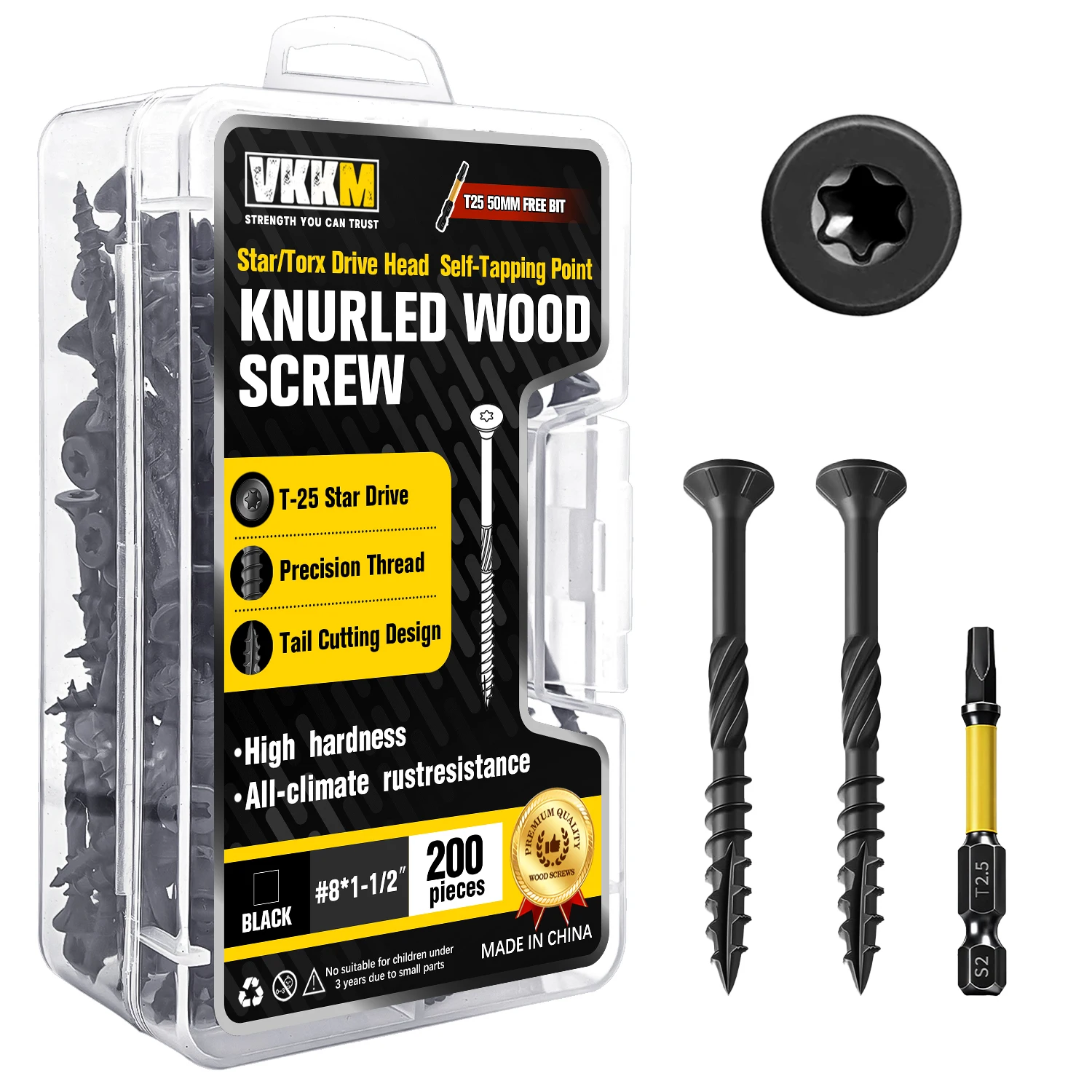 VKKM Black Knurled Wood Screws, #8 x 1‑1/2 Inch Countersunk Torx Self‑Tapping Fasteners,200 PCS with T25 Bit for Furniture,Cabin