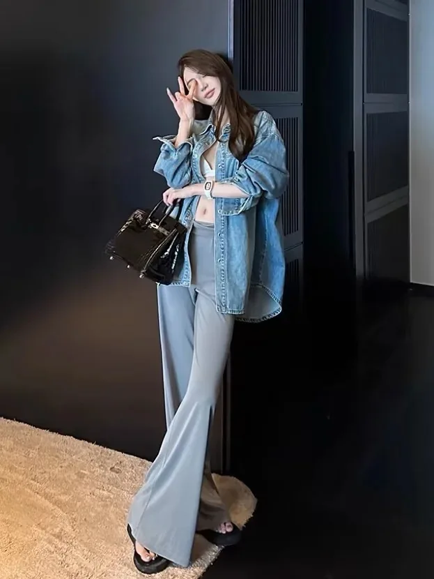 Women's 2024 Summer New High Waist Straight Wide Leg Pants Thin Style Solid Slim Sun Protection Mopping The Floor Pants 0X84