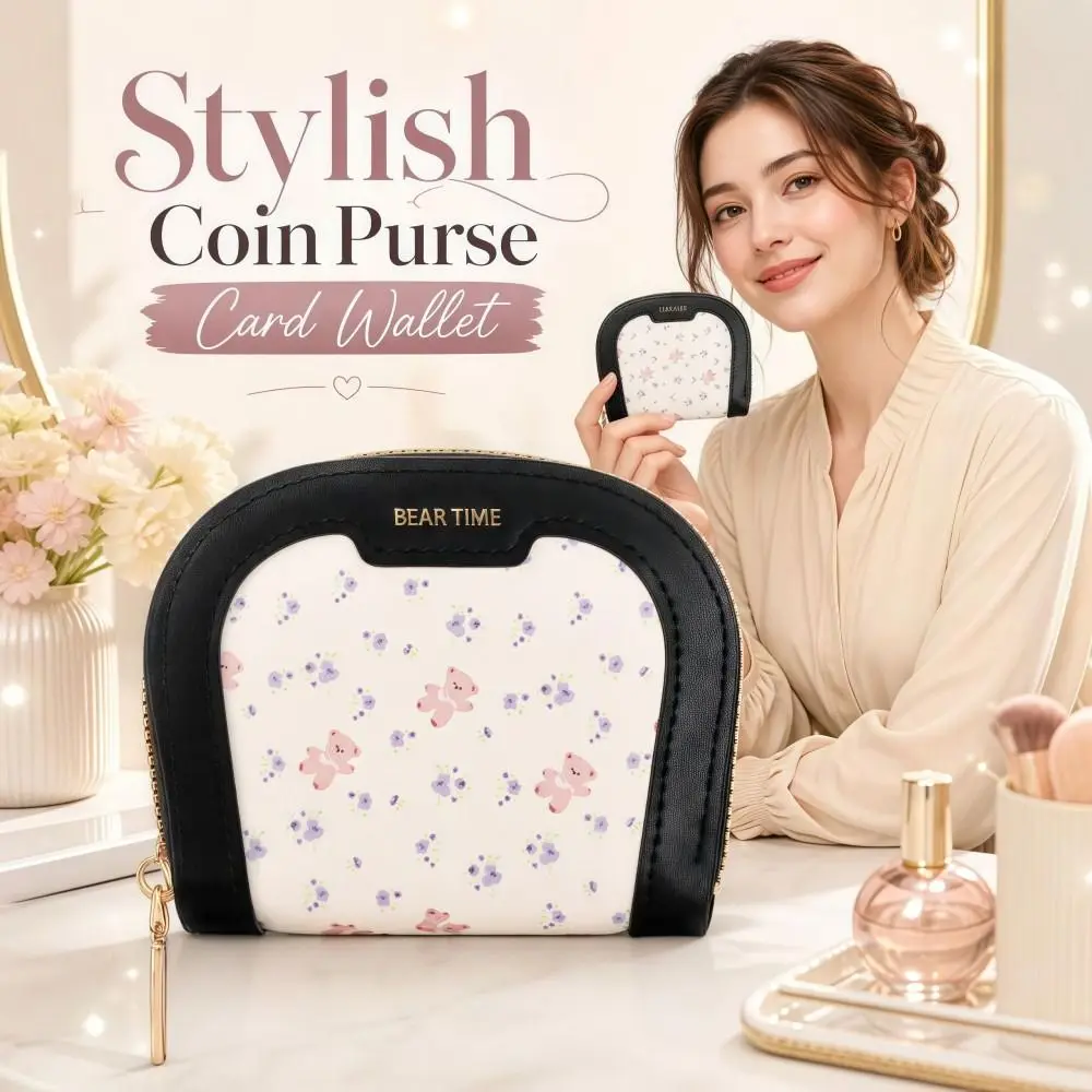 Stylish PU Bear Print Coin Purse Multi-Slot Zippered Small Card Wallet Lightweight Portable Cute Mini Pouch Ladies