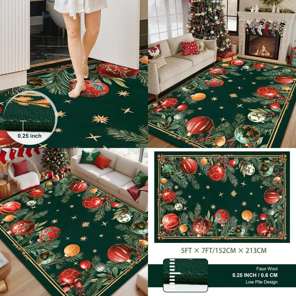 

5x7 Green Christmas Pine Rug with Balls, Washable, Non-Slip, Soft Faux Wool for Living Room, Bedroom, Nursery, Dining Room, Offi