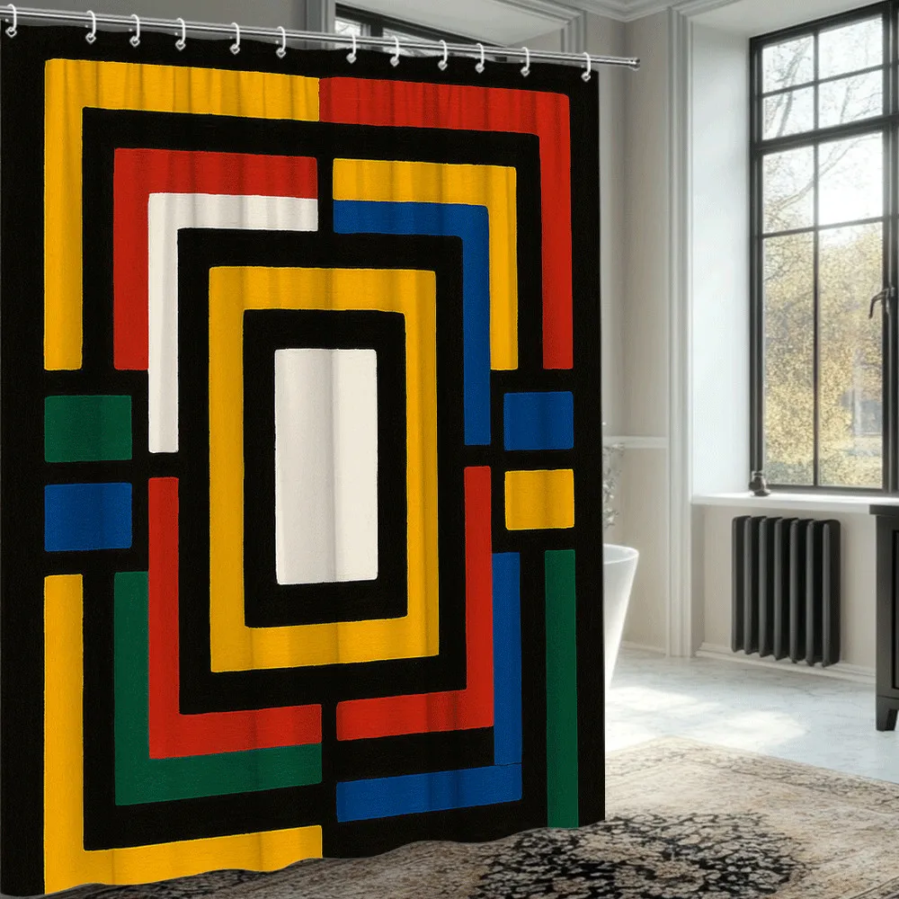 

Красочная геометрическая занавеска для душа с квадратами, машинная стирка, всесезонная, водонепроницаемая, защита от посторонних глаз, абстрактный художественный дизайн, современный стиль