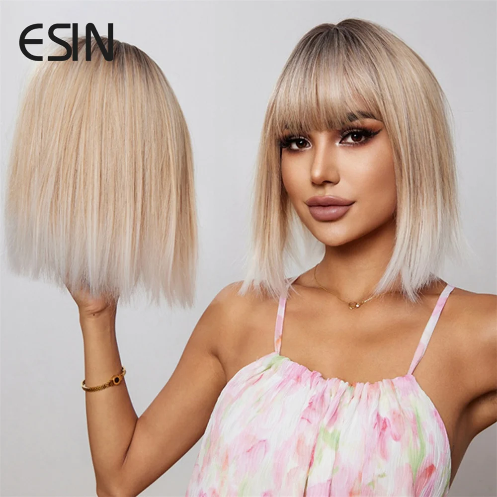 

ESIN Elegant Synthetic Blonde Gradient White Medium Straight Bob Wig for Women Natural Cosplay Wigs Heat Resistant