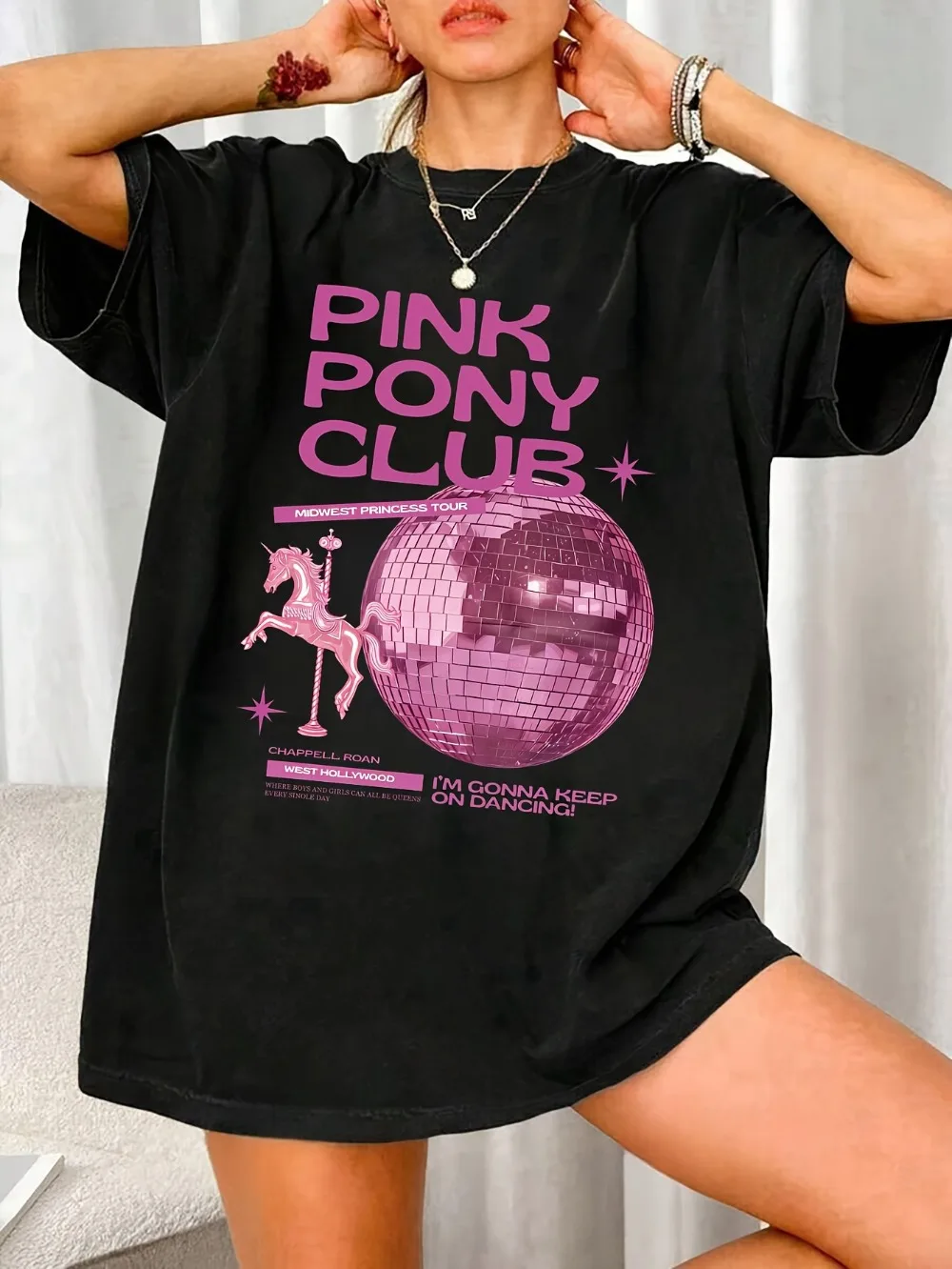 

Женская футболка с рисунком Y2K Pink Pony Club, черная, с коротким рукавом, с круглым вырезом, неоновый диско-шар, дизайн пони