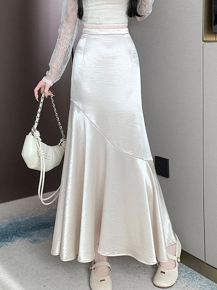 Elegant Satin Long Black Skirts Women 2026 Korean Fashion Clothing High Waist Faldas Largas Slim Streetwear Mid Length y2k Skirt